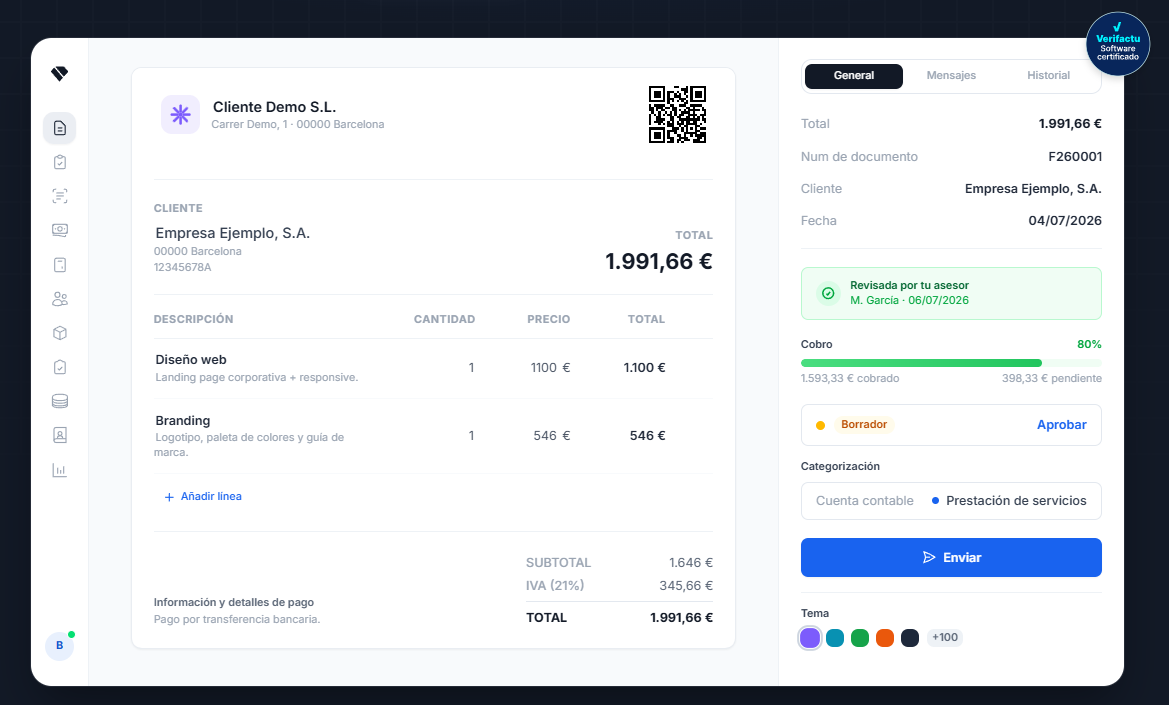 Factura en Holded con sello Verifactu certificado y código QR